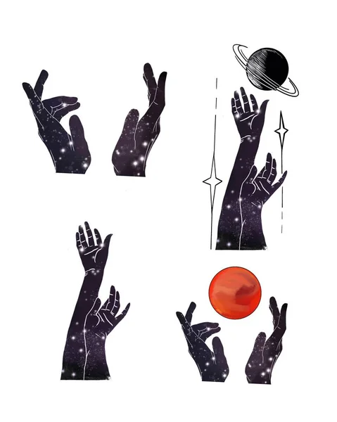 Set Ilustrații Iin Care Mâinile Umplute Universul Ajung Planetă — Fotografie, imagine de stoc