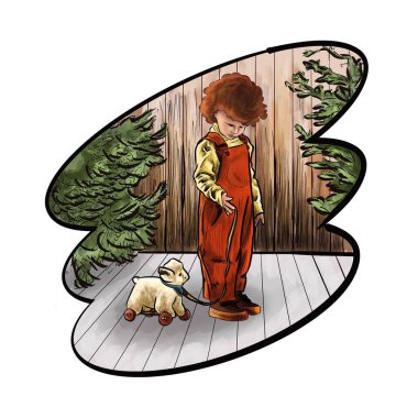 Çocuk kırmızı tulumlu, tekerlekli bir oyuncak.