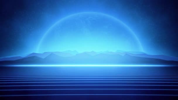 80S Retro Futuristic Blue Lines Mountains Glowing Planet Sfondo Animato — Video Stock