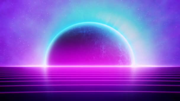 80S Retro Futuristic Pink Grid Road Glowing Planet — Stock Video