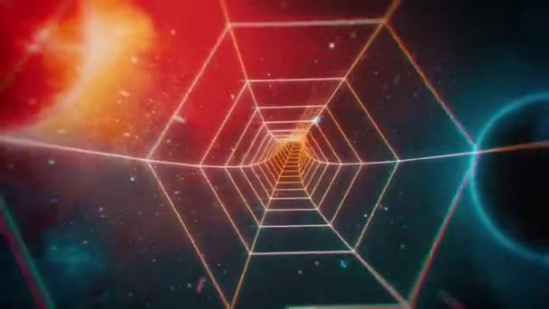 Retro Hexagon Grid Tunnel Distant Planets Space Безшумно Петлястий Анімаційний — стокове відео