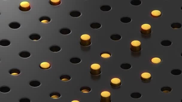 アイソメトリックスライディングブラックサーフェス上の穴でゴールデンインゴットが振動します シームレスにアニメーションの背景をループ — ストック動画