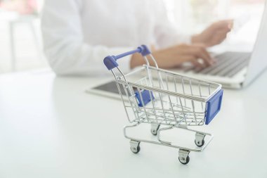 Kredi kartı tutan ve dizüstü bilgisayar kullanan genç bir kadın. Çevrimiçi alışveriş kavramı.