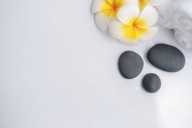 Spa tedavisi konsepti. Beyaz arkaplanda spa aksesuarları ile spa arkaplanı.