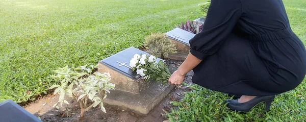 Mourning young woman laying white flowers on her family grave in beautiful green cemetery.