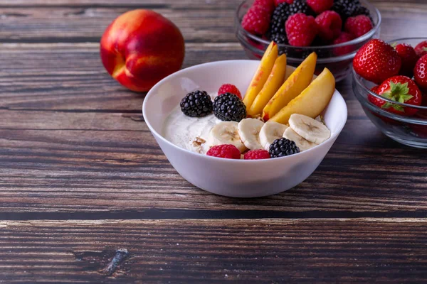 Muesli Yogurt Fruit Dark Wooden Table — Stock Photo, Image