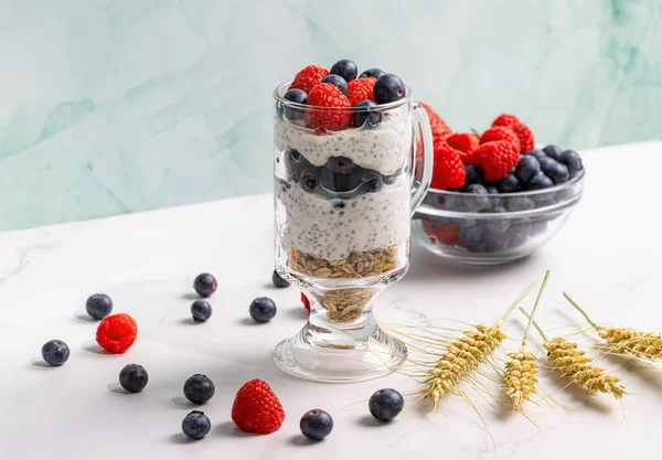 Muesli Berries Chia Seeds Light Marble Table — Stock Photo, Image