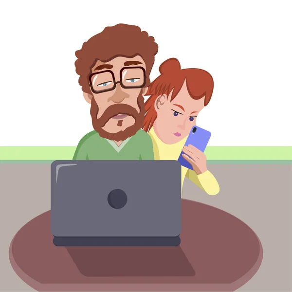Red Haired Bearded Man Glasses Works Computer Girl Jealous Looking — Stock Vector