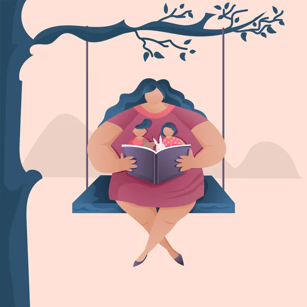 Мама сидит на качелях под деревом и читает книгу своим детям . — стоковый вектор
