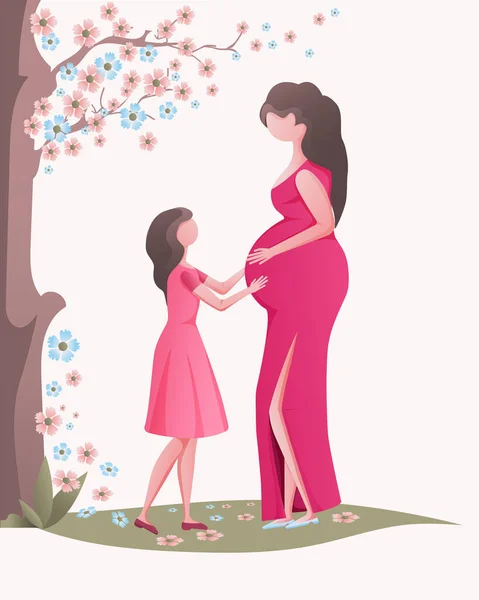 Dotter med en gravid mamma. — Stock vektor