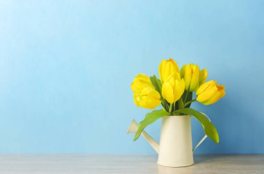 Mavi ahşap arka plandaki sulama tenekesinde suni sarı lale çiçekleri.