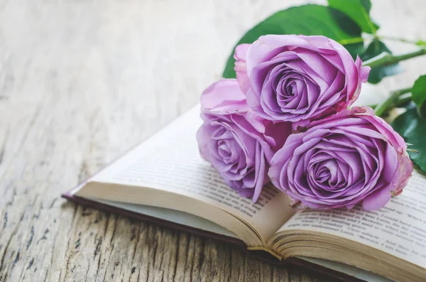 Primer Plano Violeta Rosa Púrpura Flores Libro Abierto Sobre Fondo — Foto de Stock