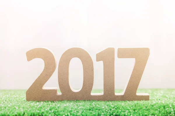 Happy New Year 2017 background - 2017 wooden number on green grass with sunlight