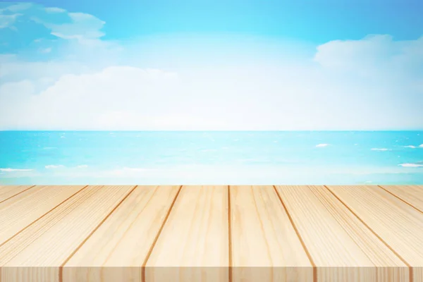 Beige Kleur Van Houten Tafel Met Blauwe Lucht Zee Achtergrond — Stockfoto