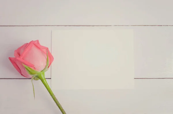 Carte Vœux Vierge Avec Fleur Rose Sur Fond Bois Blanc — Photo