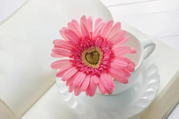 Lähikuva Vaaleanpunainen Gerbera Päivänkakkara Kukka Valkoinen Kahvi Kuppi Avattu Kirja — kuvapankkivalokuva