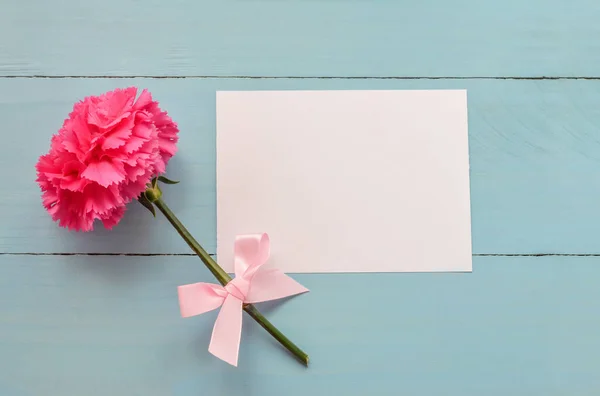 Blanco Witte Wenskaart Met Roze Anjer Bloem Lint Strik Blauwe — Stockfoto