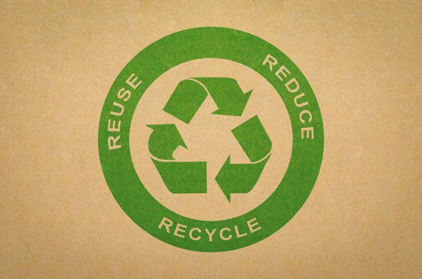 Green recycle symbol painted on brown box texture background, Environment concept