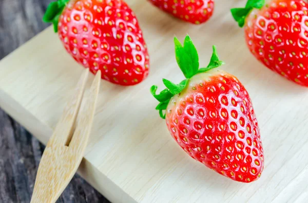 Red Strawberries Wooden Board Brown Fork — Stock Photo, Image