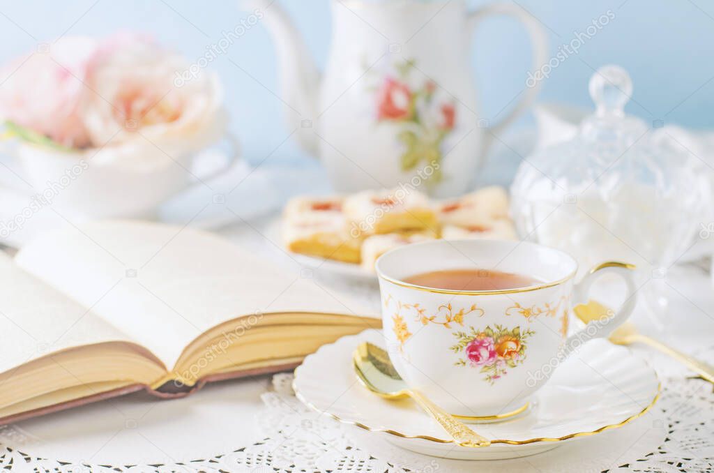 Close up of cup of tea on table with vintage tone - Afternoon tea party concept