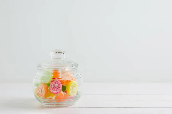 Colorful Candies Transparent Jar Wooden Background Different Color Candies Cute — Stock Photo, Image