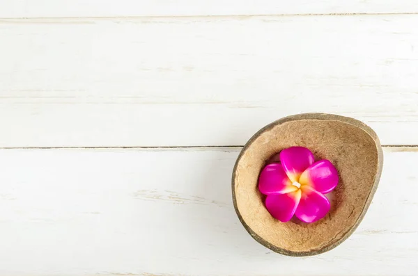 Rosa Plumeria Aromatherapie Kerze Brauner Kokosnussschale Auf Weißem Holzhintergrund lizenzfreie Stockbilder