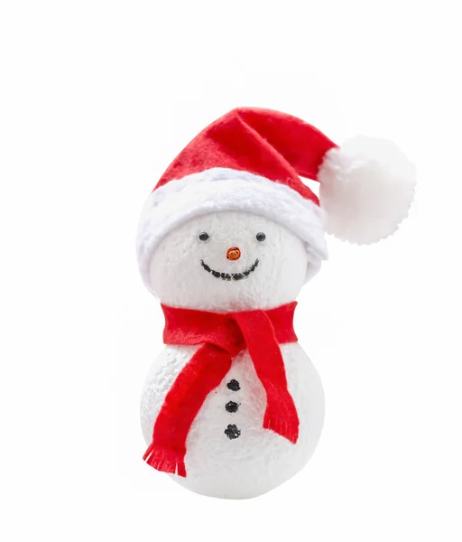 圣诞装饰 漂亮的雪人与红色围巾和红色的桑塔爪帽隔离在白色的背景与剪裁路径 雪人从泡沫球 工艺的想法 免版税图库照片