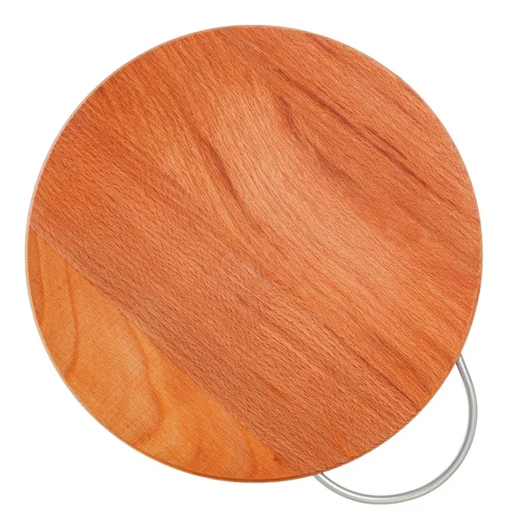 Round wooden cutting board with metal pen on a white background. — Stock Photo, Image