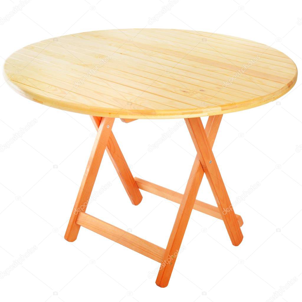 Round folding wooden table for outdoor recreation.