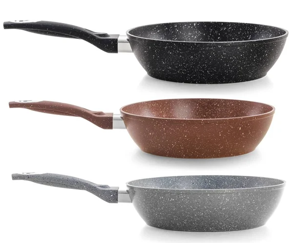Set of three frying pans with a nonstick coating isolated on whi — Stock Photo, Image