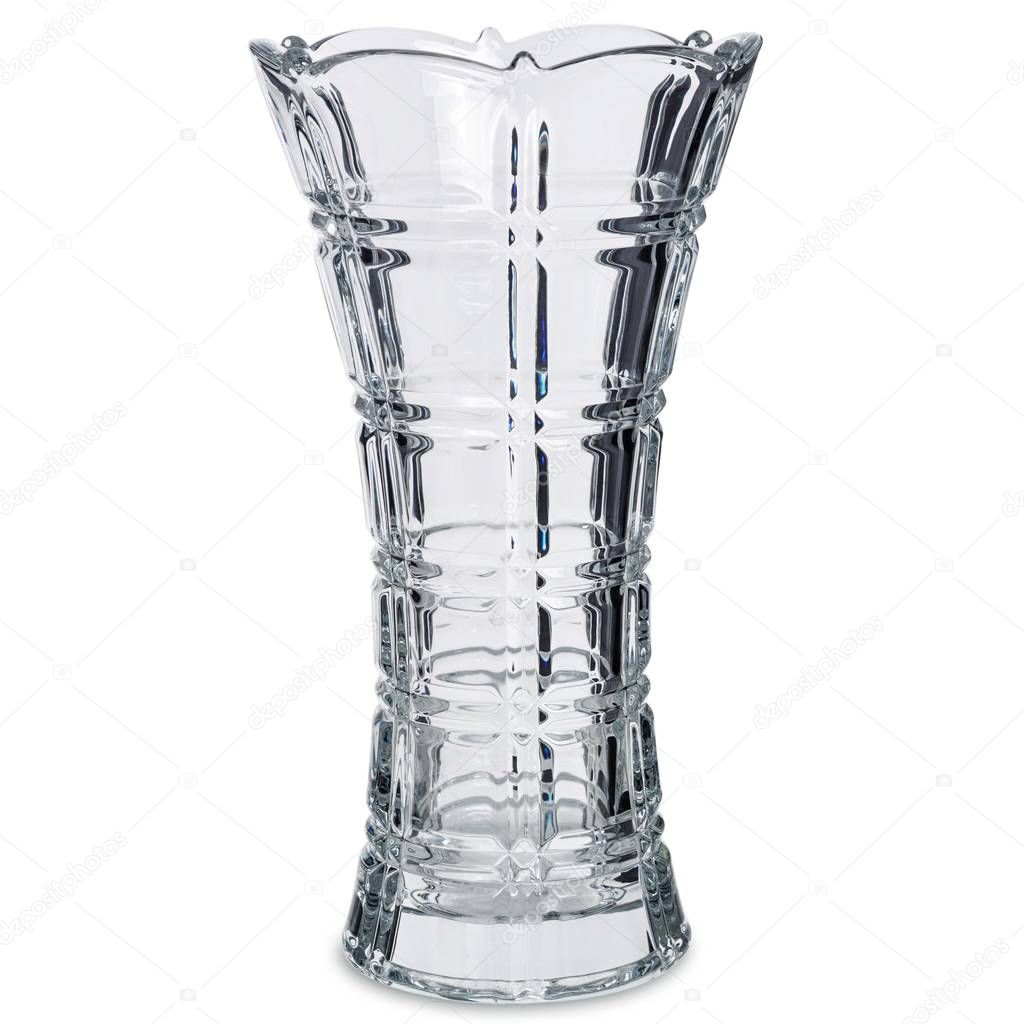 Empty glass vase with a pattern, isolated on white background