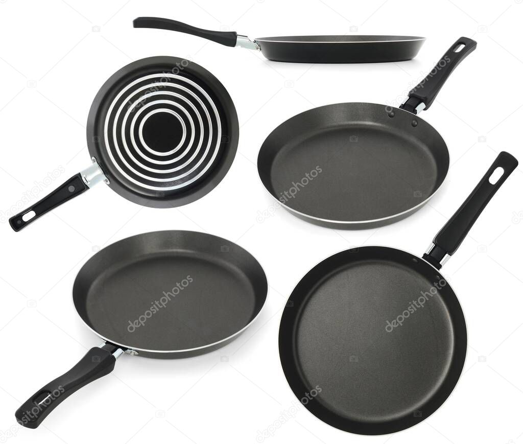 Black fry pan, skillet, clipping path, isolated on white background. Set of photos from different angles