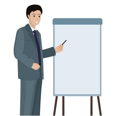 Toplantı odasında iş adamları var. Projenin iş adamı sunumu. düz dizayn elementleri Vektör çizimi. Web afişi, pazarlama materyali, iş sunumu için yaratıcı düz tasarım.