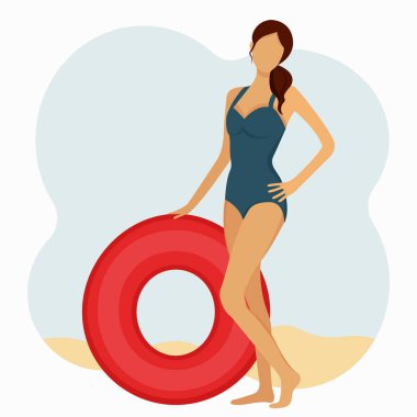 Summer, kumsalda kırmızı şişme yüzüklü güzel, genç bir kadın. Mavi bir mayo giymişti. Vektör çizimi. Pankartlar, tişört baskısı, kartlar, posterler için düz tasarım ögesi.