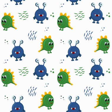 Şirin, komik canavarlarla kusursuz bir düzen. Çocuk posterleri, tekstil, paketleme oyuncakları, kartpostallar, çocuk odasındaki duvar kağıtları. Pijama için yazdır. 