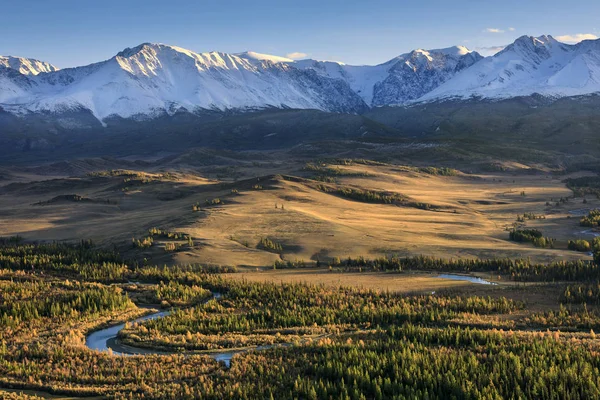 Chuya Fluss Kuray Steppe Und Gebirgskette Bei Sonnenuntergang Sibirien Altai — Stockfoto