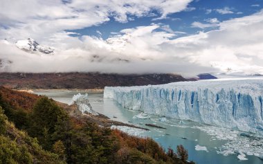 Sonbahar ormanı, dramatik bulutlar ve Perito Moreno Buzulu. Argentino Gölü. Santa Cruz Eyaleti, Arjantin. Güney Amerika