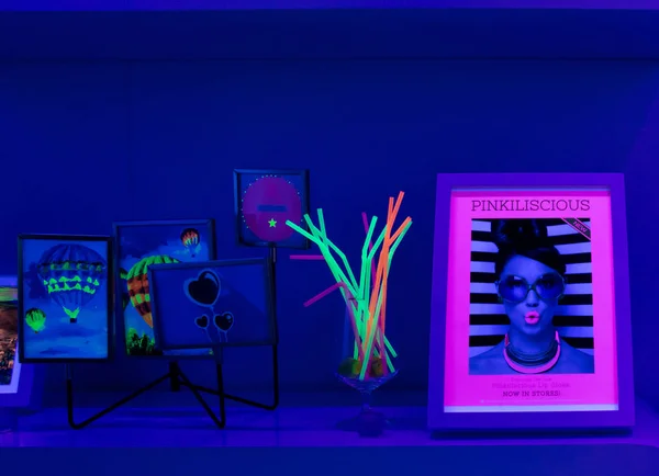 Examples of print fluorescent colors, neon room exhibition hall, HP, at Drupa print media fair 2016 Dsseldorf, Germany 05.06.2016 — Stock Photo, Image