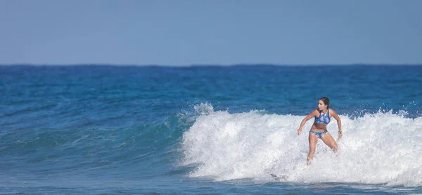 Surfař škola. Krásná mladá žena v plavkách jde do oceánu Stock Snímky