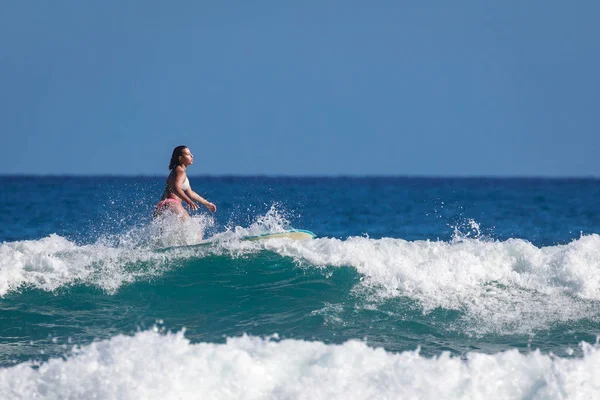 Surfař škola. Krásná mladá žena v plavkách jde do oceánu Stock Fotografie