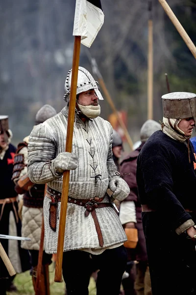 Warrior of medieval Europe. Medieval battle historical reconstruction — Stock Photo, Image