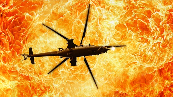 Helikopter auf feurigem Hintergrund, Flammen — Stockfoto