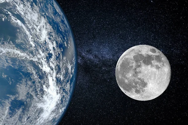 宇宙から地球と月を表示します。 — ストック写真