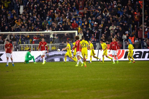 Gol melawan Manchester United. Saat-saat pertandingan final 1 / 8 dari Liga Europa — Stok Foto