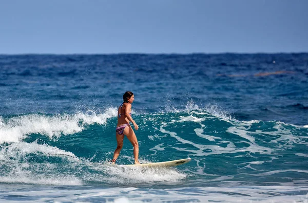 Escuela de surf. Hermosa joven en traje de baño. Surfista en la ola — Foto de Stock