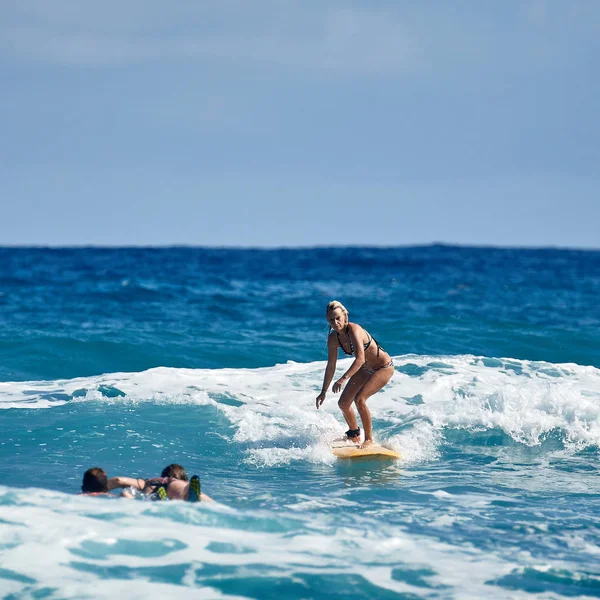 Surfař škola. Krásná mladá žena v plavkách. Surfující na vlně Stock Obrázky