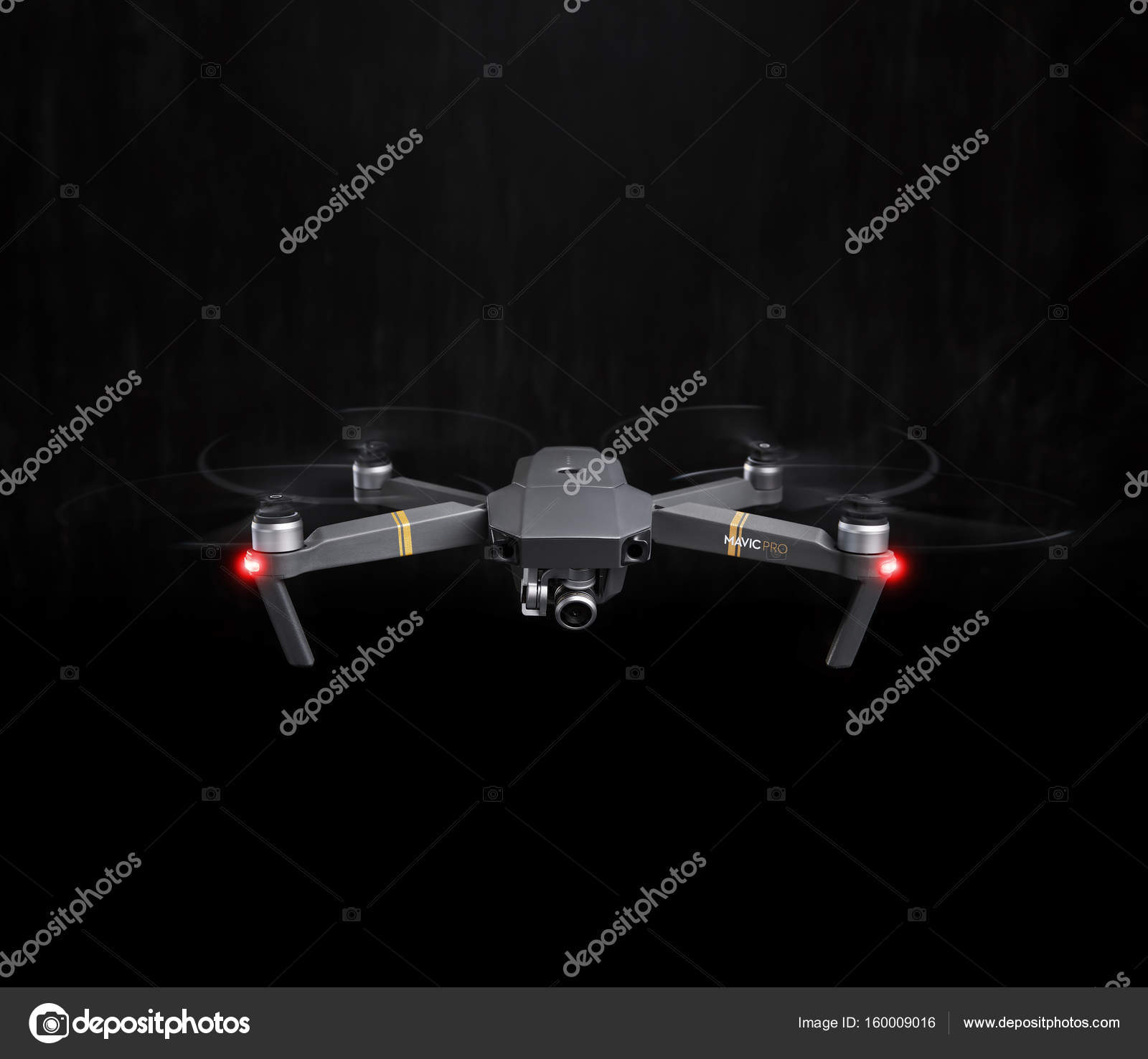 DJI Mavic Pro drone Flying in the dark, on black background