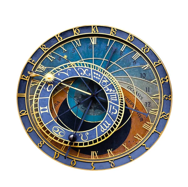 Oude astronomische klok dat geïsoleerd op wit. Astronomisch uurwerk van Praag — Stockfoto