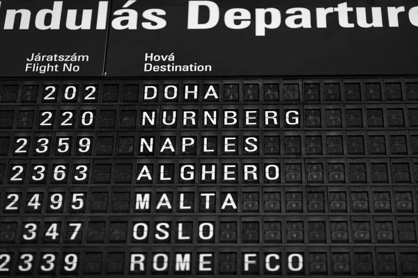 Departures board at the airport. Flight information mechanical timetable. Split flap mechanical departures board. Flight schedule