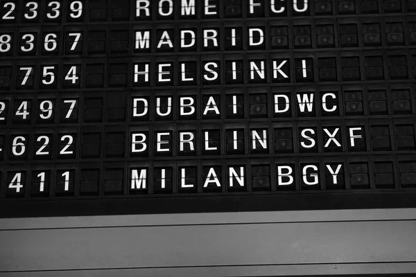 Departures board at the airport. Flight information mechanical timetable. Split flap mechanical departures board. Flight schedule